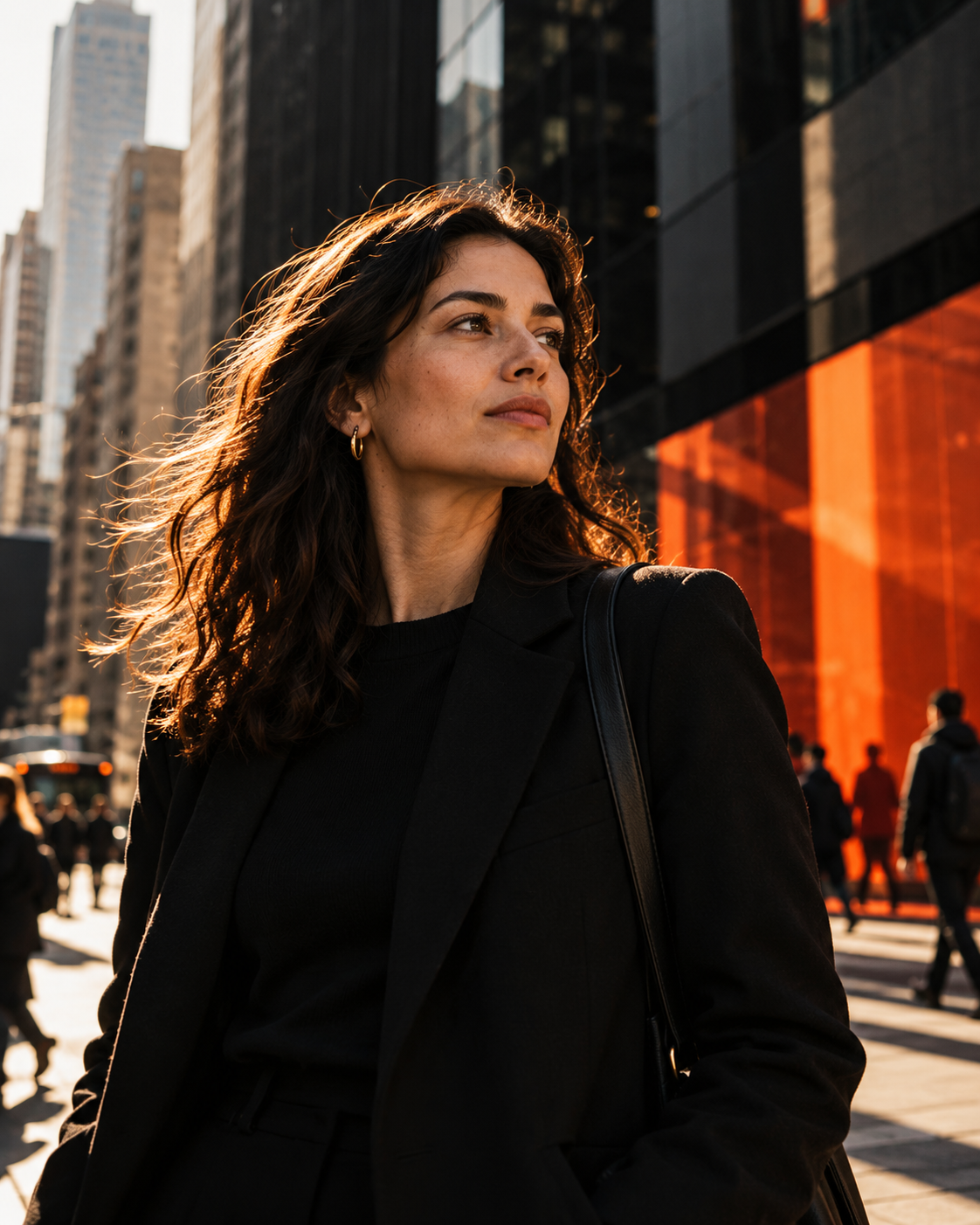 Woman moving through a modern city environment